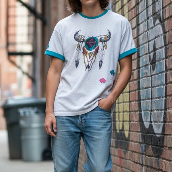 Oneita Other - VINTAGE‎ Southwest Shirt Native Buffalo Skull 90s Graphic Short Sleeve Tee